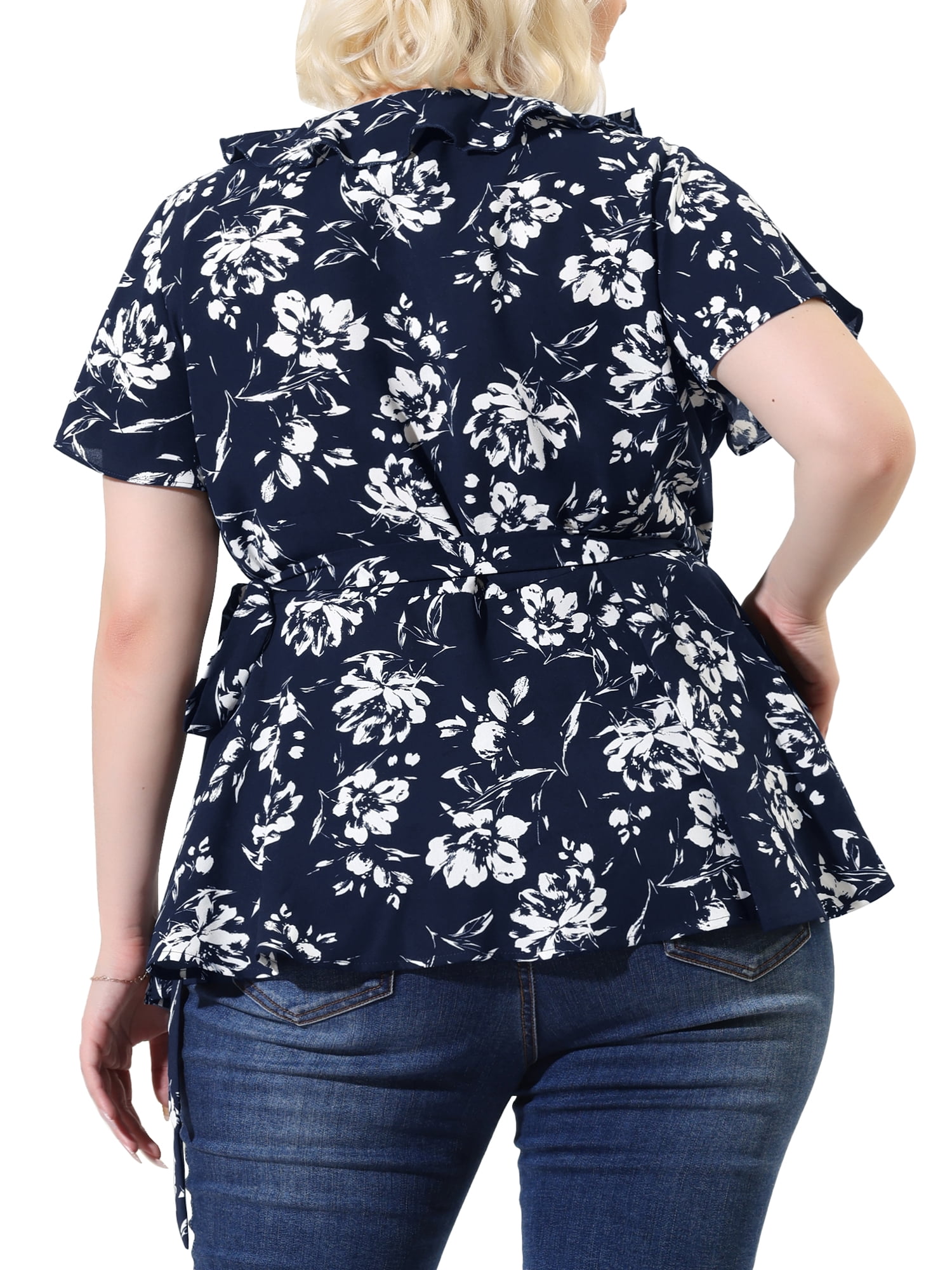 Unique Bargains Women's Plus Size Ruffle Bell Sleeve Wrap Tie Waist Boho Peplum Blouse