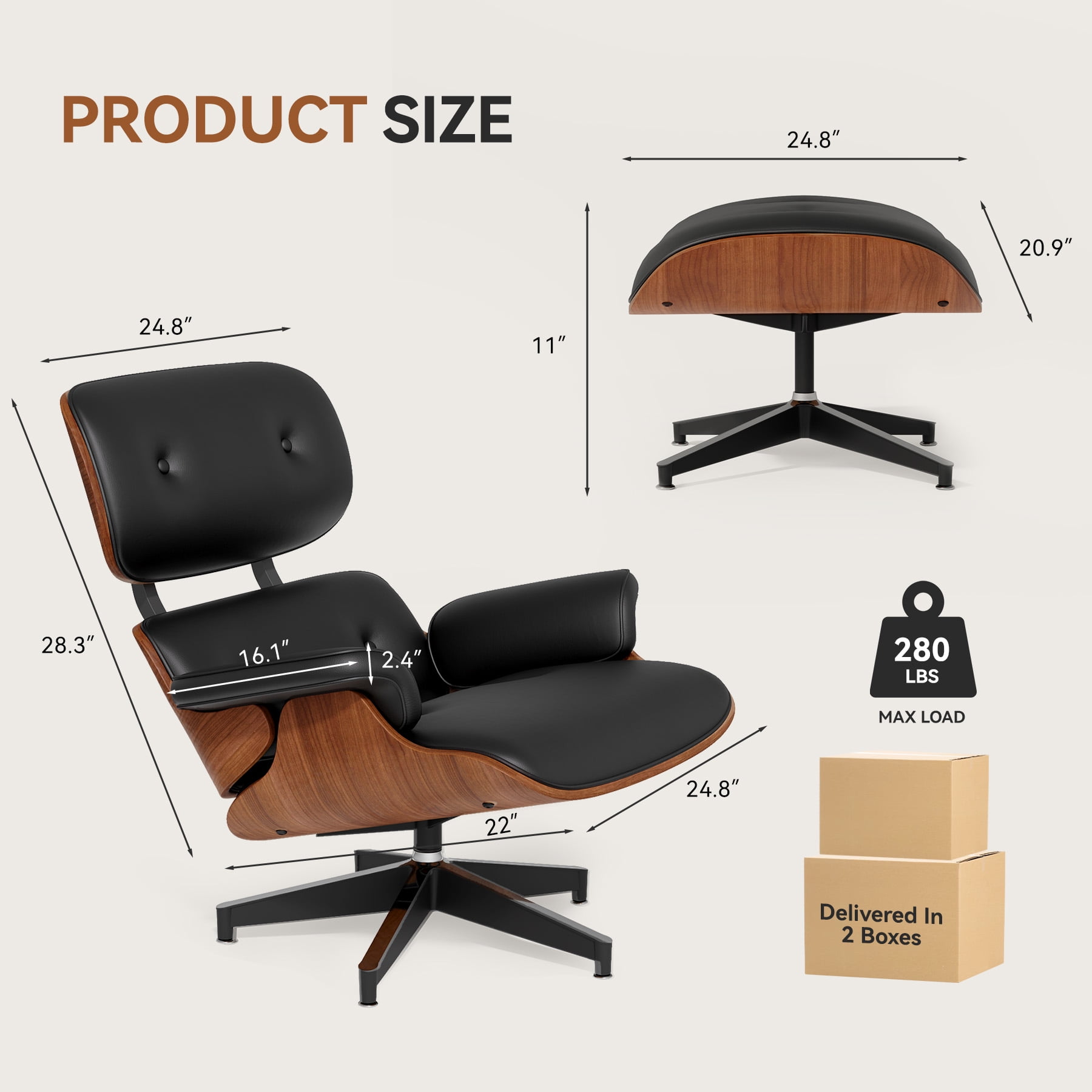 Hawsaiy Genuine Leather Lounge Chair with Ottoman, Mid Century Modern Eames Recliner with Wide Armrests, Heavy Duty Base for Living Room, Bedroom, Office