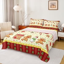 Manfei Child Gingerbread Man Twin Sheet Sets, Yellow Red Cartoon Twin Fitted Sheet, Kawaii Christmas Snowman Flat Sheet, Ultra Soft Home Decor, 3pcs