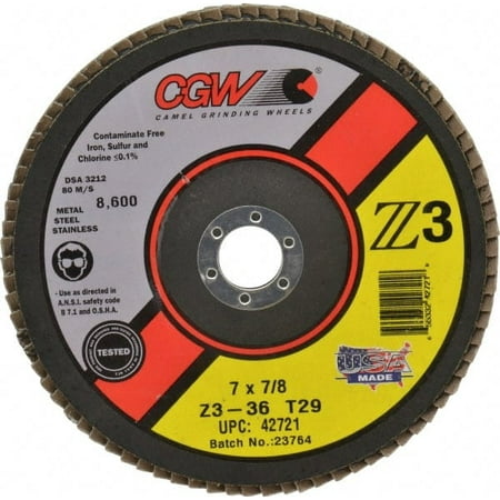 

CGW Abrasives 7 36 Grit 7/8 Center Hole Type 29 Zirconia Alumina Flap Disc Very Coarse Grade Coated Arbor Attachment Poly Cotton Backing 8 600 RPM