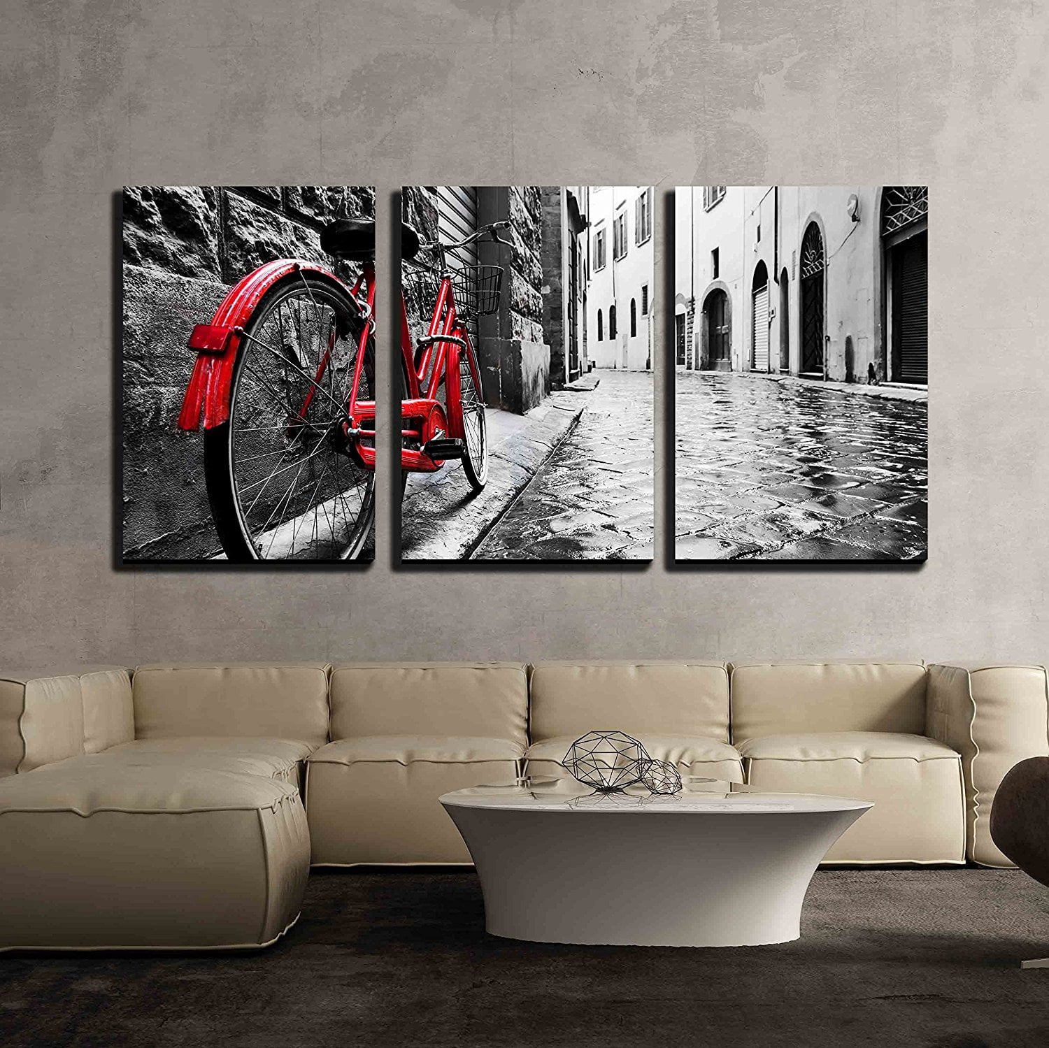 wall26 3 Piece Canvas Wall Art - Retro Vintage Red Bike on Cobblestone