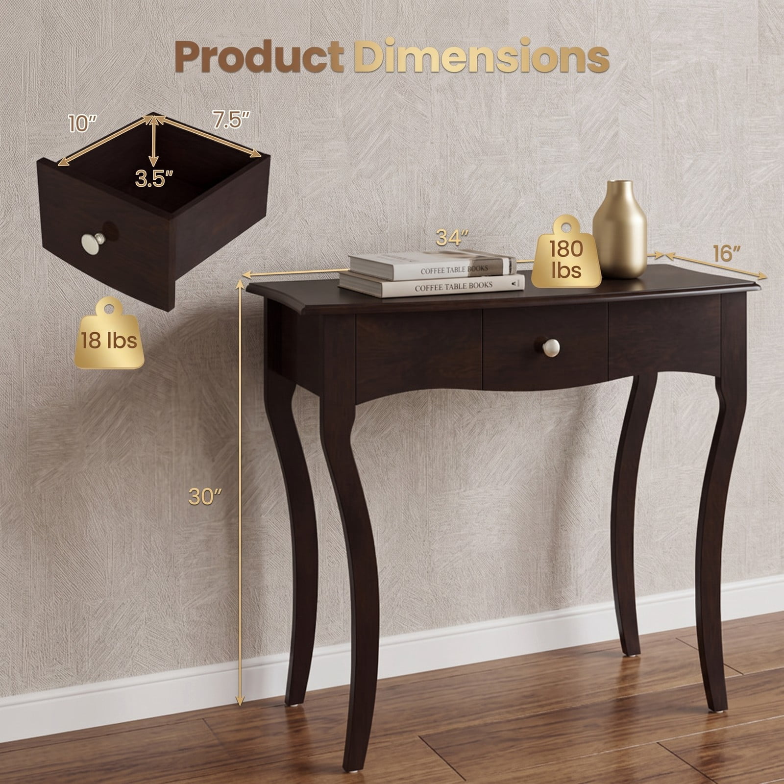 Furnibear Console Table with Storage Drawer and Solid Wood Frame and Curved Cabriole Legs for Entryway and Hallway, Espresso