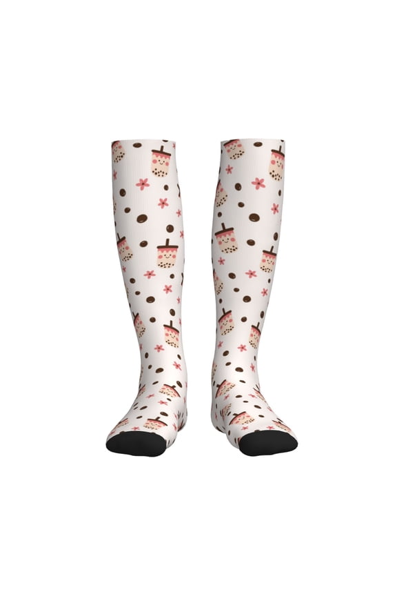 Boba Milk Tea Compression Socks for Women and Men 20-30mmHg-Circulation Support Socks Knee High Nurse Pregnant Running Medical and Travel Athletic