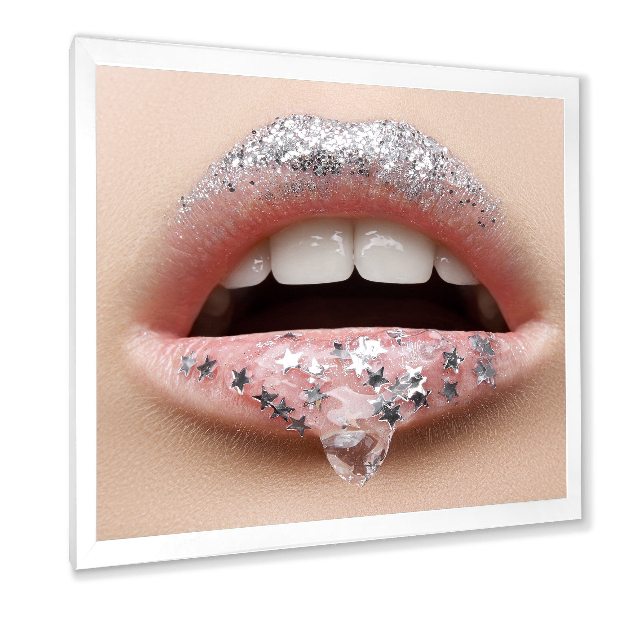 Designart 'Woman Lips With A Gel On The Lips & Stars' Modern Framed Art Print