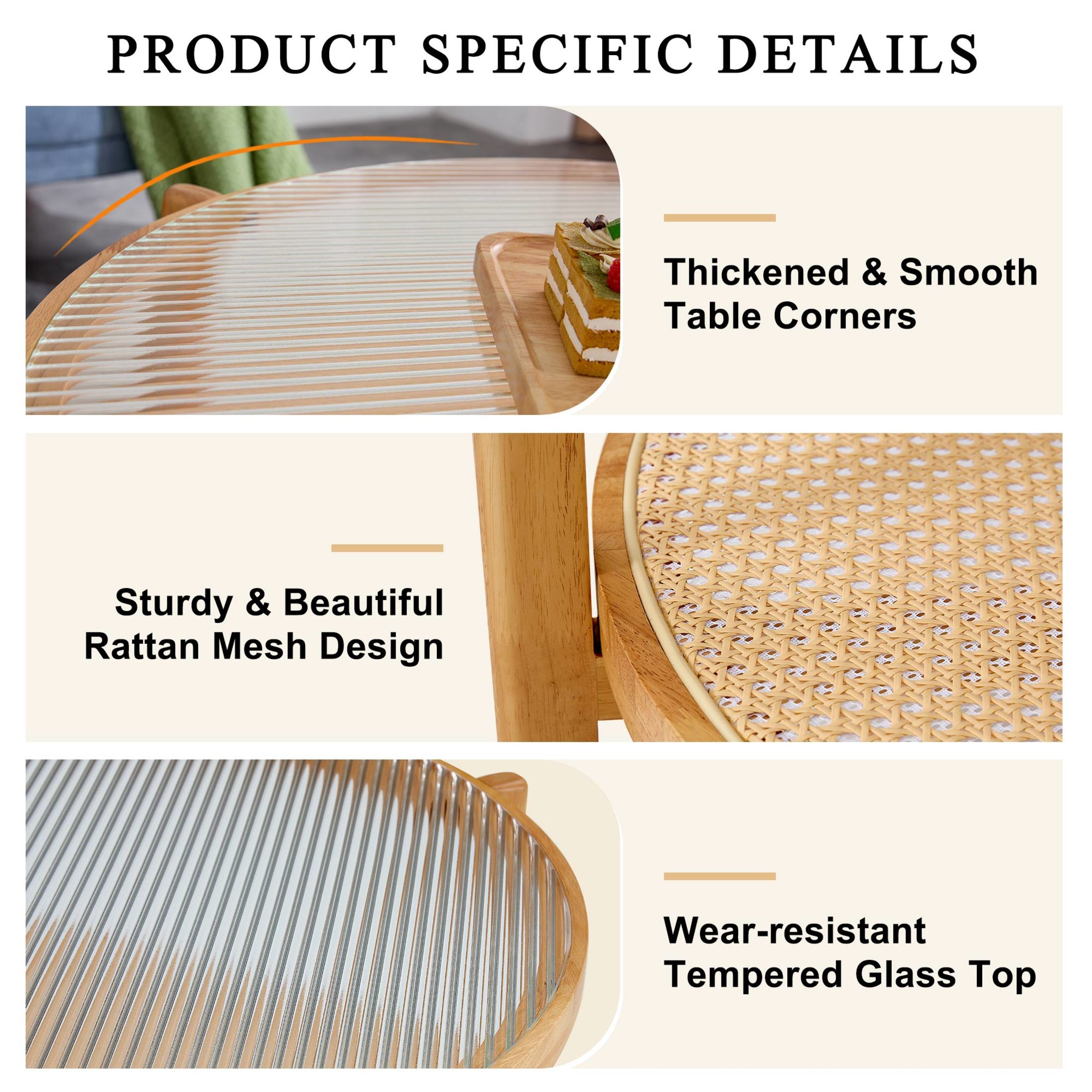 Noble House Double-Layer Round Tea Table, Solid Wood with Striped Glass Top & Rattan Shelf Coffee Table, Natural