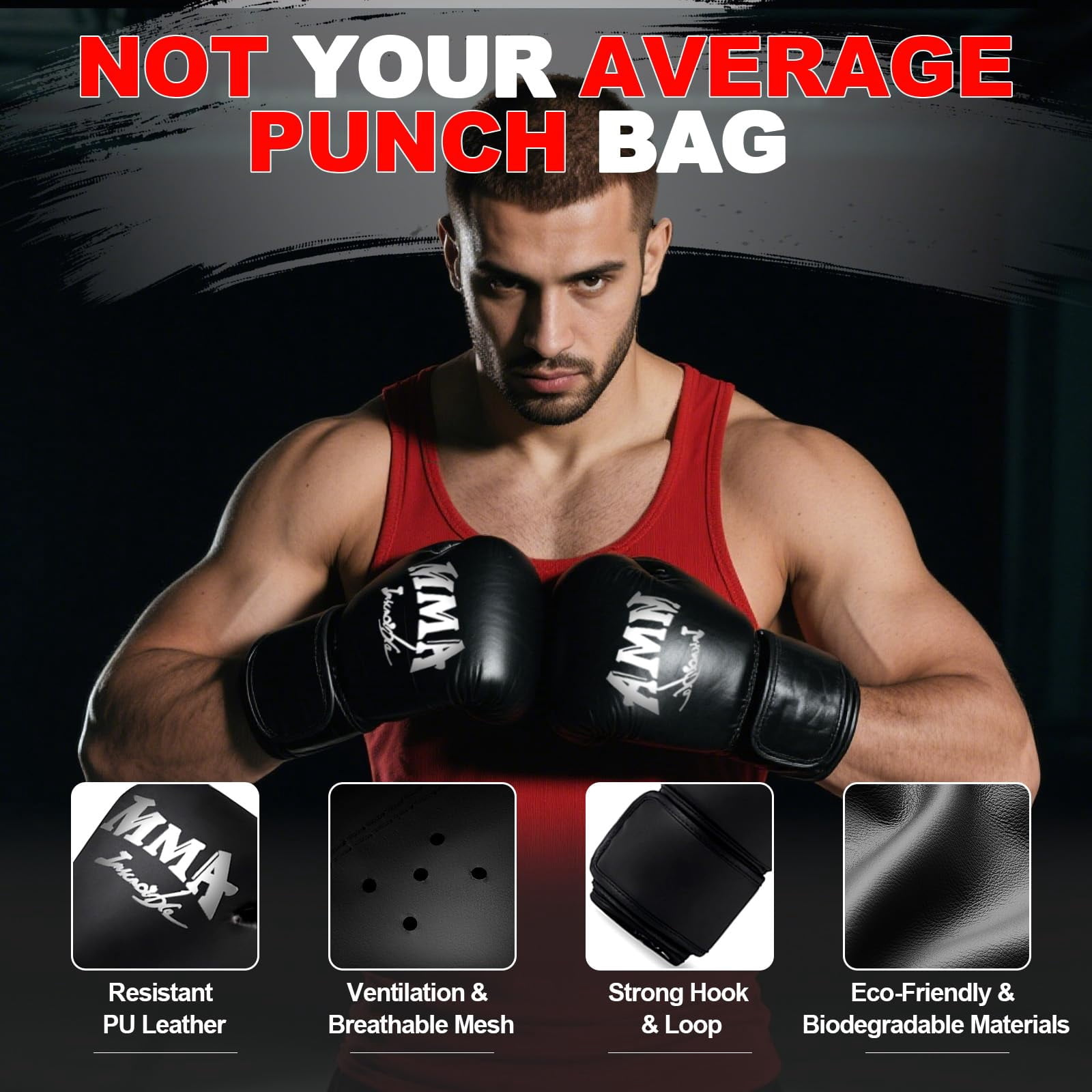 Hanging Punching Bag for Adults, 4FT PU Heavy Boxing Bag Set with 12OZ Gloves with Chain Ceiling Hook Suitable for Home Gym MMA Karate Kickboxing Boxing Muay Thai Training(Unfilled)
