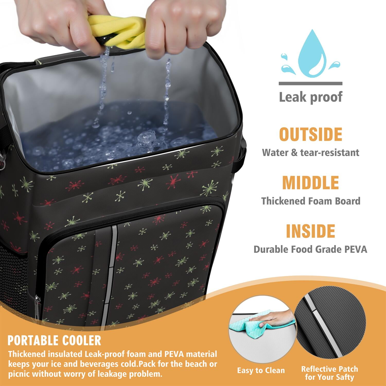 Travel Cooler Bag - Black Christmas Star Pattern Camping Beer Cooler Backpack with Bottle Opener- Waterproof Insulated Picnic Backpacks - Cooler Bag for Beach