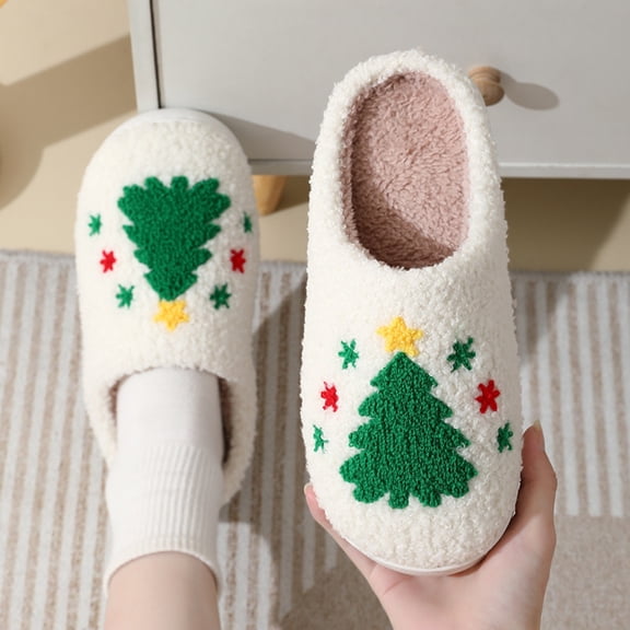 Weloille Christmas Cotton Slippers Winter Warm Padded Warm Shoes Christmas Tree Cotton Slippers Women's Home Soft Bottom Non-slip Indoor Floor Mute Cotton Slippers