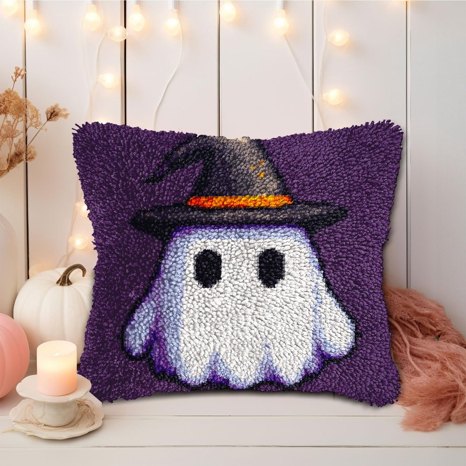 DIY Latch Hook Pillow Kits Halloween Ghost with Witch Hat Printed Pillowcase Crochet Yarns Hooking Handmade Pillow Cover Cushion for Home Sofa Decoration 17x17inch-1