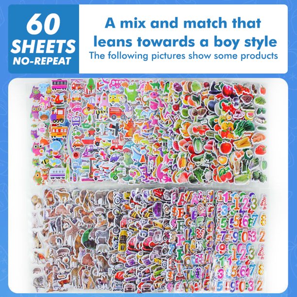 Pegatinas 3D para niños, pegatinas hinchadas para niños, niños, niñas, profesores, artesanía de recompensa, álbum de recortes, juguetes de regalo, 40, 60 hojas diferentes
