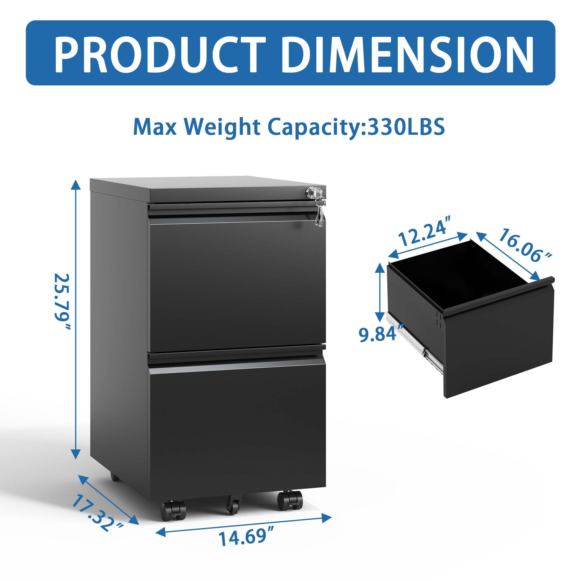 2 Drawer Metal Mobile File Cabinet, Rolling File Cabinet with Lock for Hanging Legal/Letter/A4 Size,Fully Assembled Except Wheels