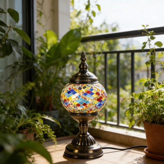 Turkish Lamp, Mosaic Table Lamp, Antique Moroccan Decorative Glass Bohemian Vintage Lamp Shade, Small Desk Tiffany Bedside Stained Glass Lamp with US Plug and E12 Socket