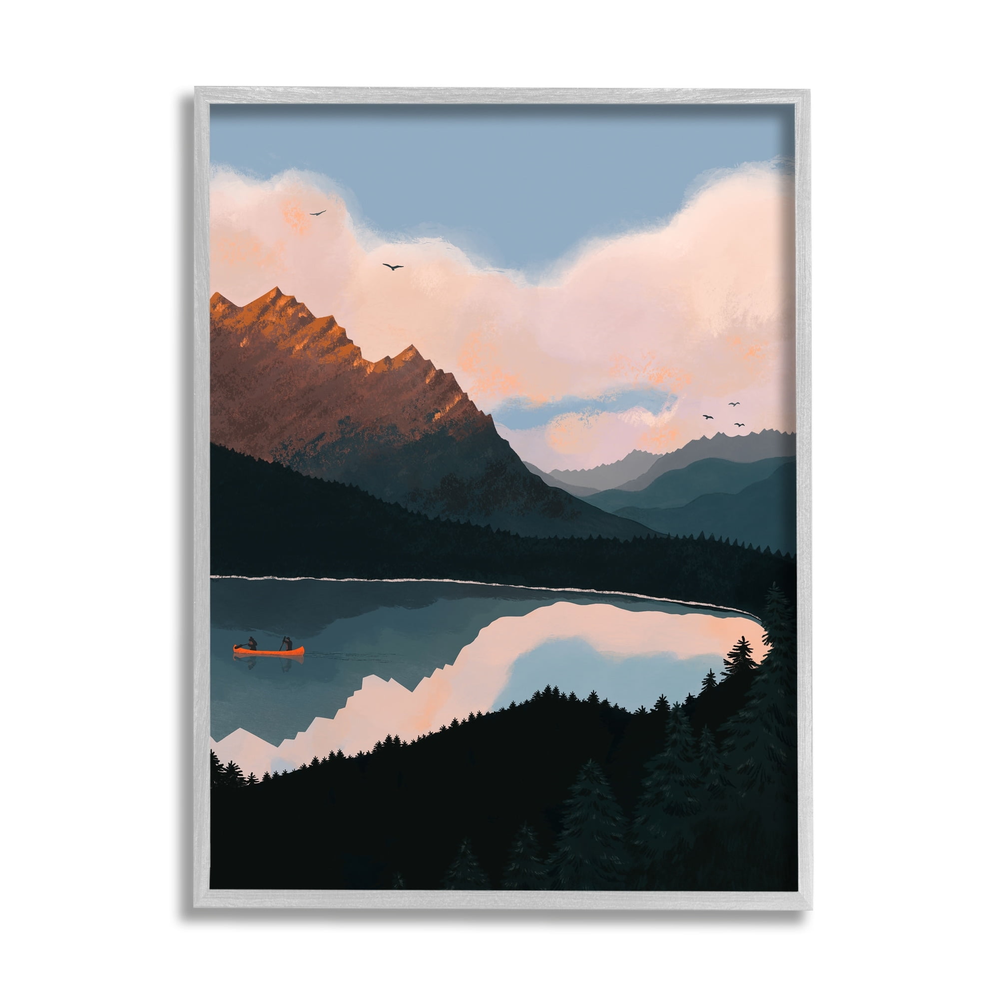 Stupell Industries Mountain Range River Canoe Cloudy Wilderness Birds Framed Wall Art, 24 x 30, Design by Abi Hall