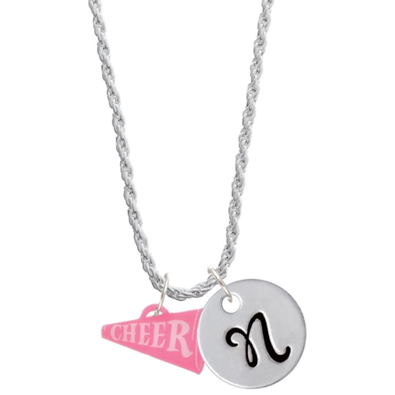 Delight Jewelry Acrylic 3/4" Hot Pink Cheer Megaphone Silvertone Script Initial Disc - N - Charm Necklace, 20"+3"