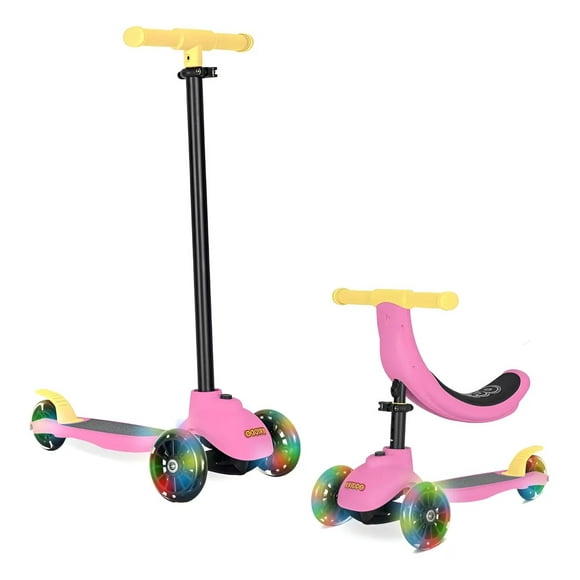 Scooter / Triciclo Evolutivo 5 en 1 de Equilibrio para Niños, Patinete Multifuncional Convertible con Asiento Desmontable, Guía y Luz LED, Color Rosa