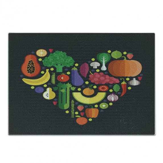 Food Cutting Board, Healthy Eating Concept Graphic with Cartoon Natural Nourishment Heart, Decorative Tempered Glass Cutting and Serving Board, in 3 Sizes, by Ambesonne