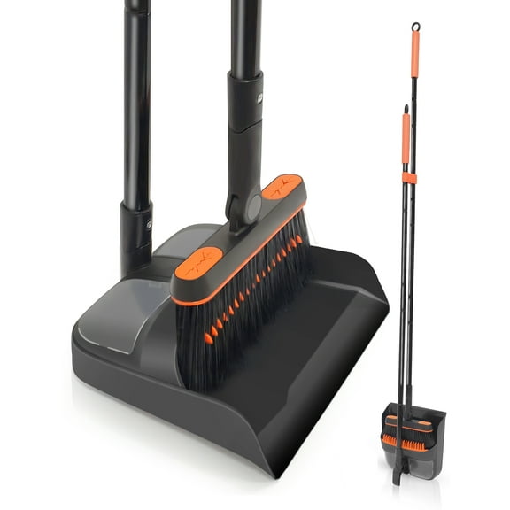 JEHONN 54 inches Long Handle Broom and Dustpan Set for Home (Black Orange)