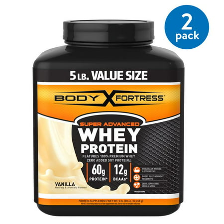 (2 Pack) Body Fortress Super Advanced Whey Protein Powder, Vanilla, 60g Protein, 5
