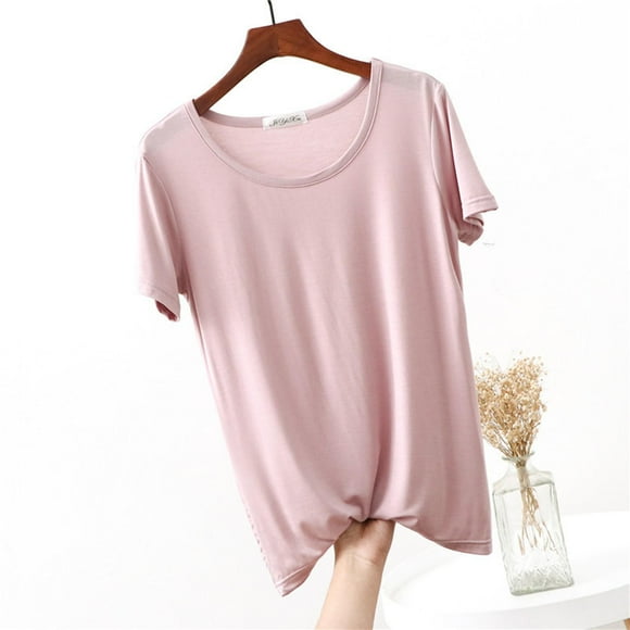 Pijama de manga corta para mujer, color liso, manga corta, camiseta fina, pijama de manga corta, blusa de poliéster