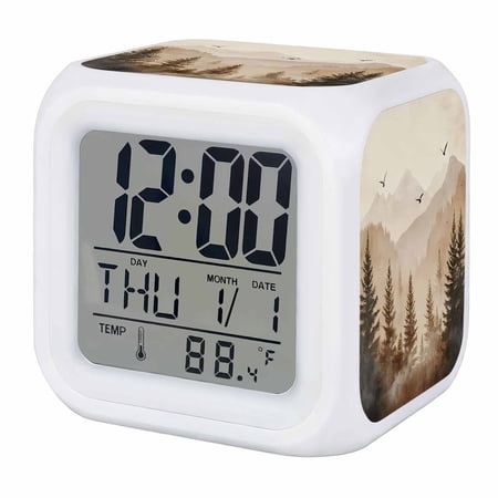 Alarm Clocks Bird Forest Digital Clock 7 Color LED Night Light Silent Non-Ticking Battery Operated Mountain Tree Nature Woods Cube Clocks Decorative for Bedroom Bedside Living Room Office School