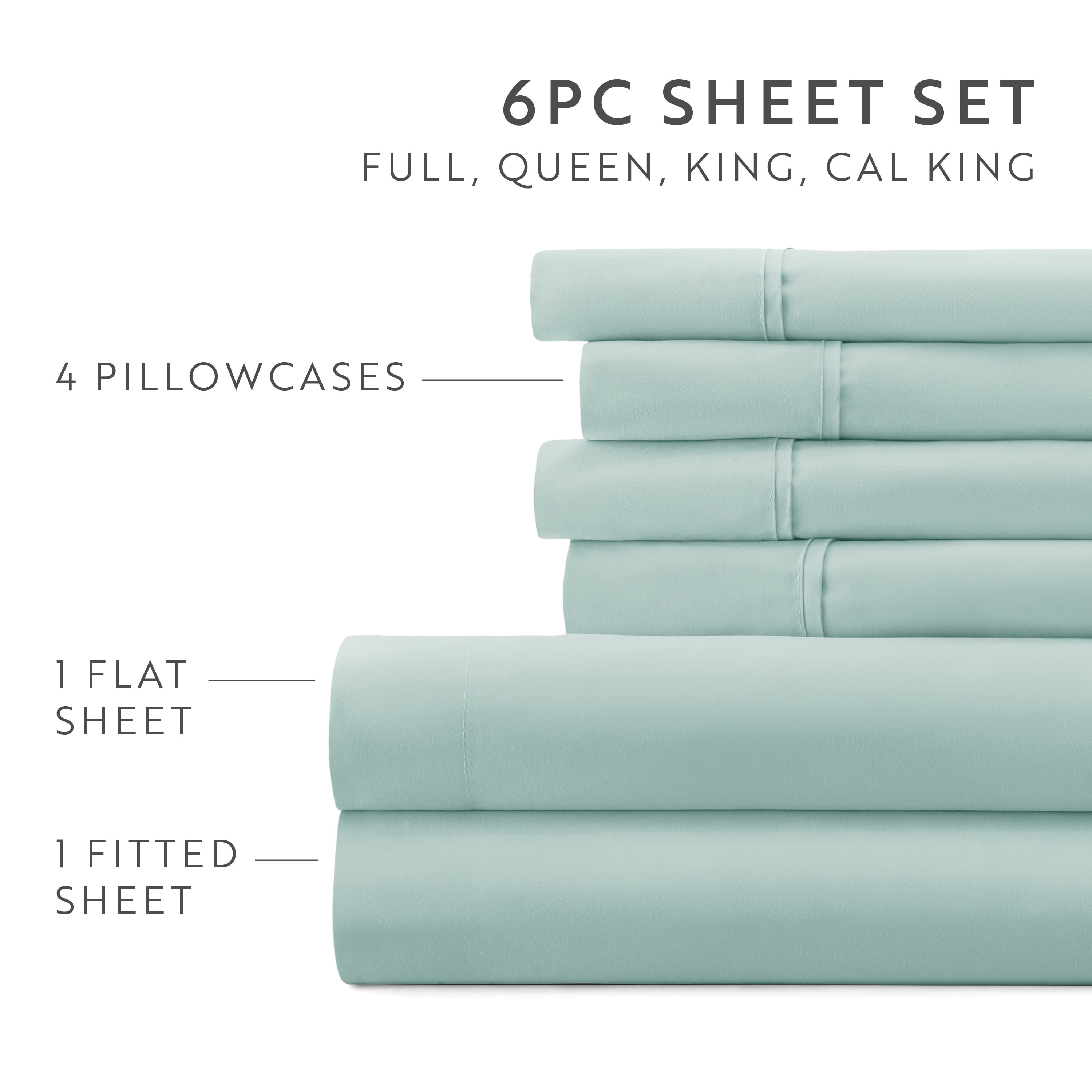 Queen, Aqua Solid Microfiber 6 Piece Bed Sheet Set, by Noble Linens