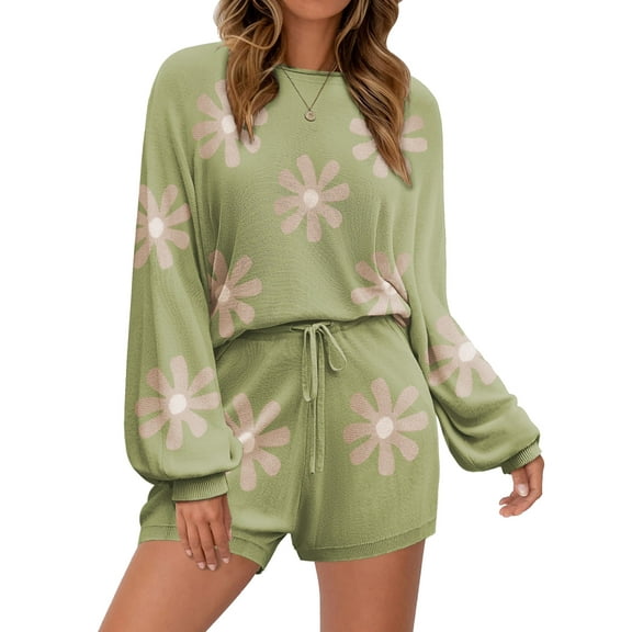 Avidlove Knit Pajama Set for Women Long Sleeve Floral Tops and Shorts Lounge Set with Pocket 2 Piece Matching Outfits Casual Sweater Sets Sleepwear