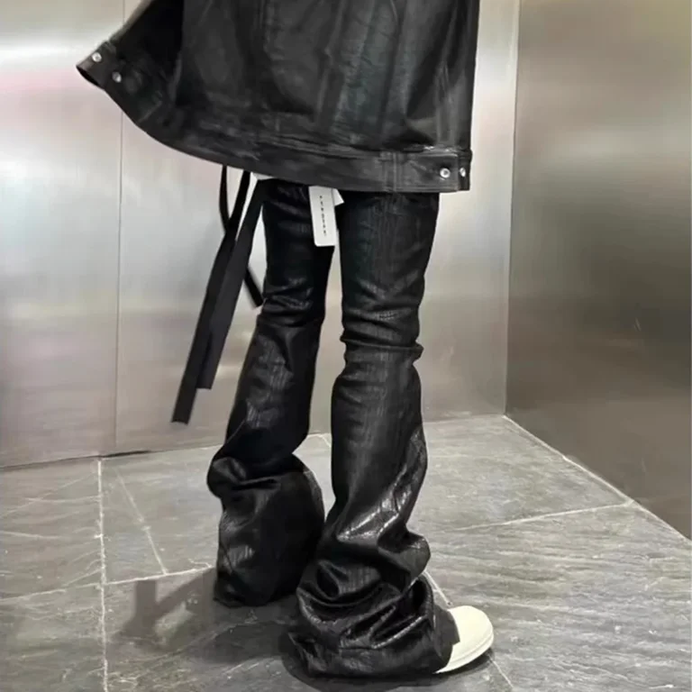 Streetwear Black Wax Leather Strecth Jeans Men Ropa Hombre