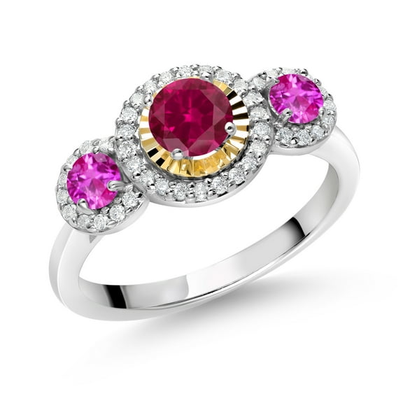 Gem Stone King 0.88 Ct Round Red Created Ruby Pink Sapphire 925 Silver and 10K Yellow Gold Lab Grown Diamond 3 Stone Women Engagement Ring (Size 6)
