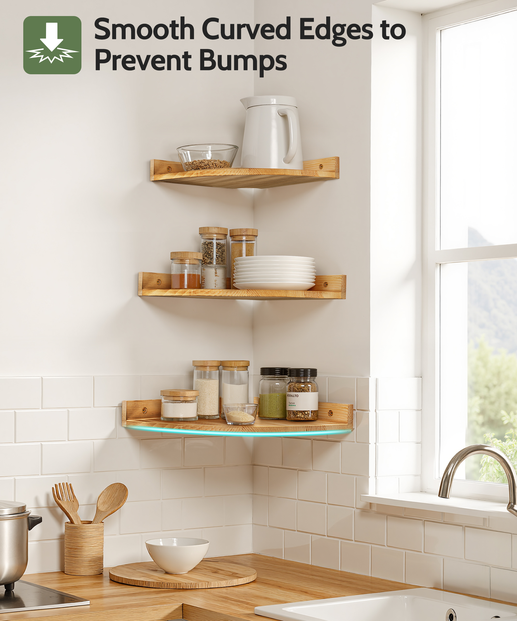 Afuly Floating Corner Shelf for Wall, Large Corner Shelves Solid Pine Wood Wall Mounted Corner Shelf With Cord Hole, 3 Set (10.8In/11.4In/12In)