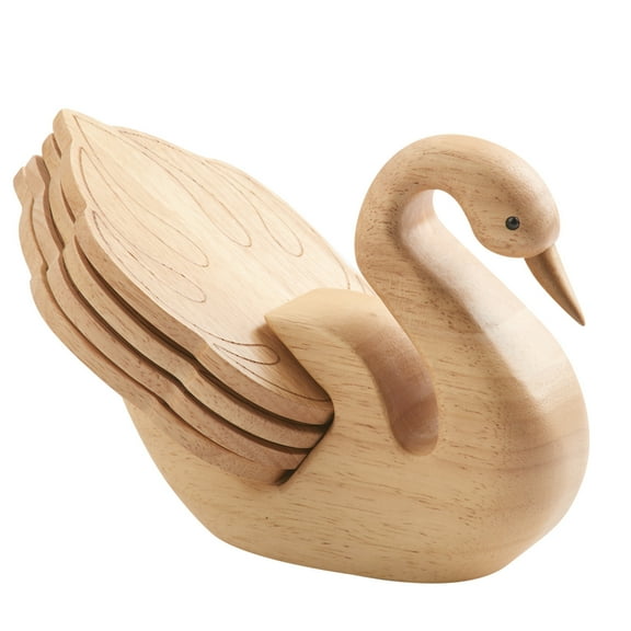 Peterson Housewares Wooden Swan Coaster Set - 4 Feather Shaped Coasters & Bird Holder