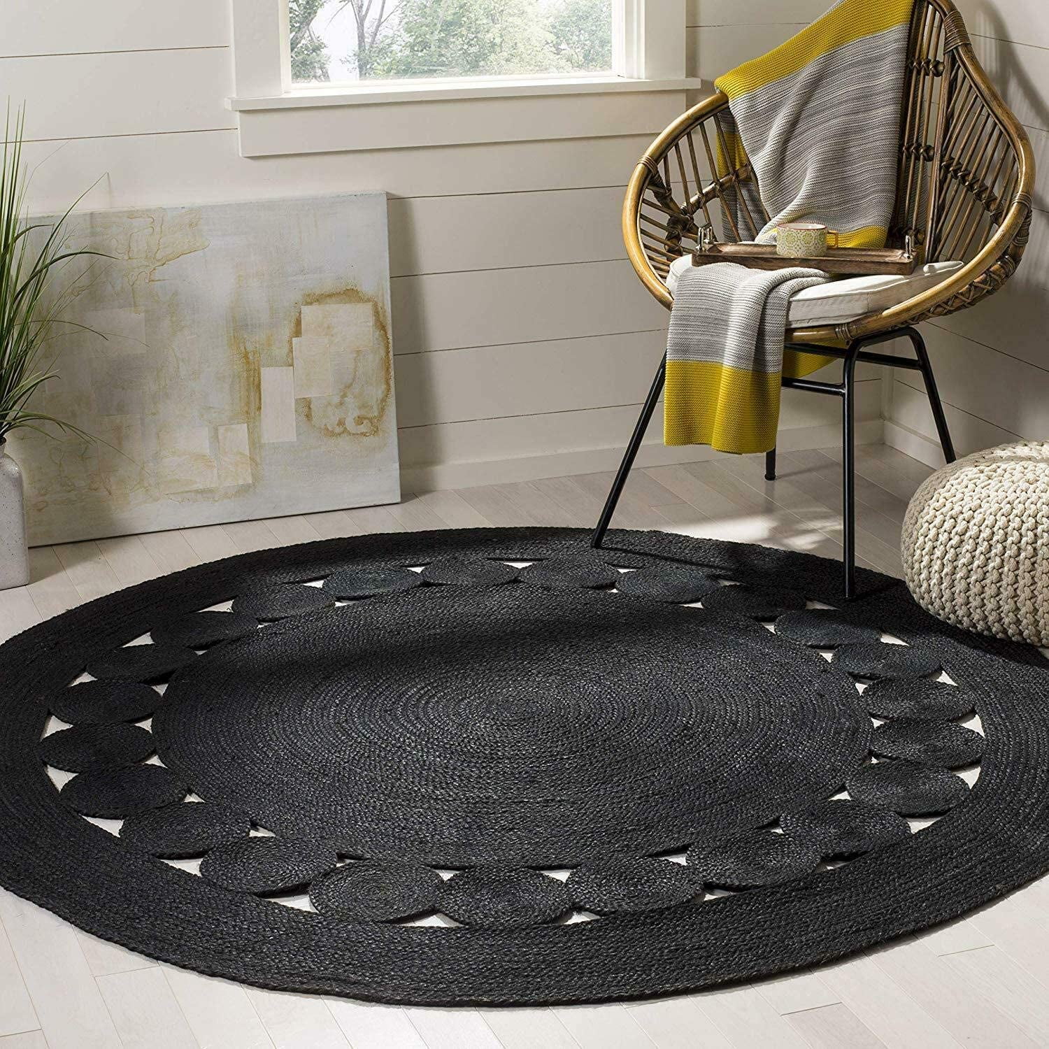 Hand Woven, Oriental Jute Round Area Rug, Black 4x4" Living Room