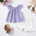 thumbnail image 2 of Caqnni Toddler Baby Girl Summer Short Clothes Ribbed Ruffle Sleeve Tops+Elastic Drawstring Short Shorts Two Piece Solid Outfit Set Short T-shirt Sets Purple 6-12 Months, 2 of 9
