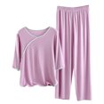 thumbnail image 2 of Awdenio Womens Pajamas Sets ,Women's Fashion Round Neck Solid Color Casual Tops Outing Pajama Set Long Pants Sets, 2 of 4