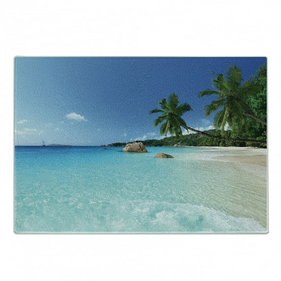 Ocean Cutting Board, Anse Lazio Beach at Praslin Island Surfing Beach Scenic View Travel, Decorative Tempered Glass Cutting and Serving Board, Small Size, Turquoise Blue Green, by Ambesonne