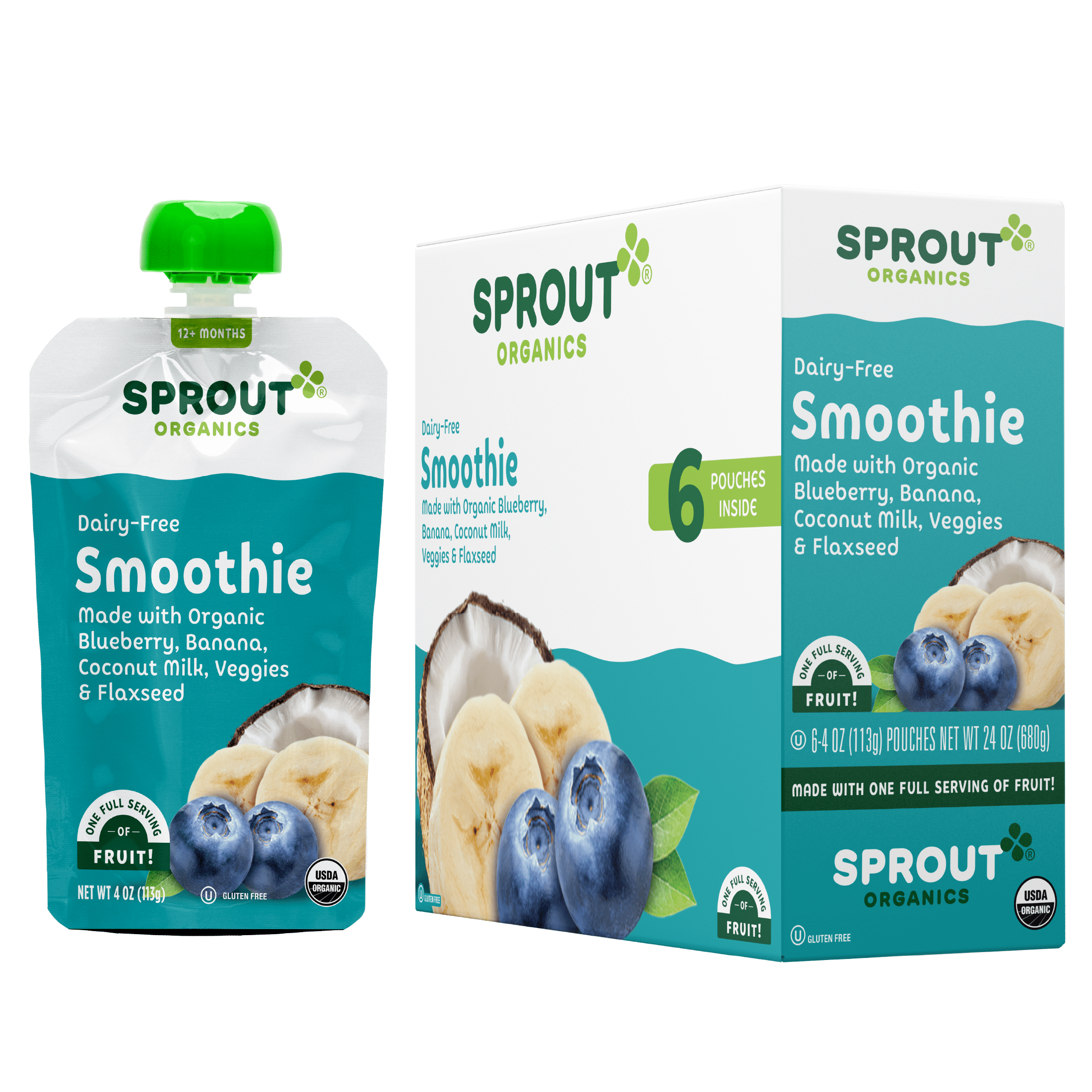 Sprout Organic Toddler Food, Blueberry Banana Smoothie with Coconut Milk, 4 oz Pouch, 6 Pack
