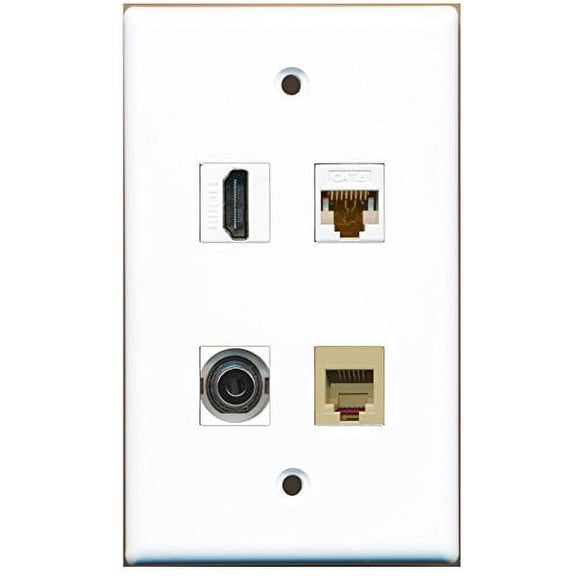 RiteAV - 1 Port HDMI 1 Port Phone RJ11 RJ12 Beige 1 Port 3.5mm 1 Port Cat6 Ethernet White Wall Plate