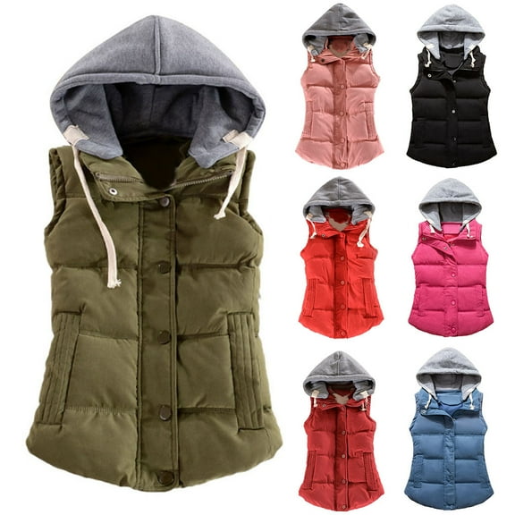 Women Autumn Winter Color Block Sleeveless Hooded Waistcoat Warm Thick Vest Coat