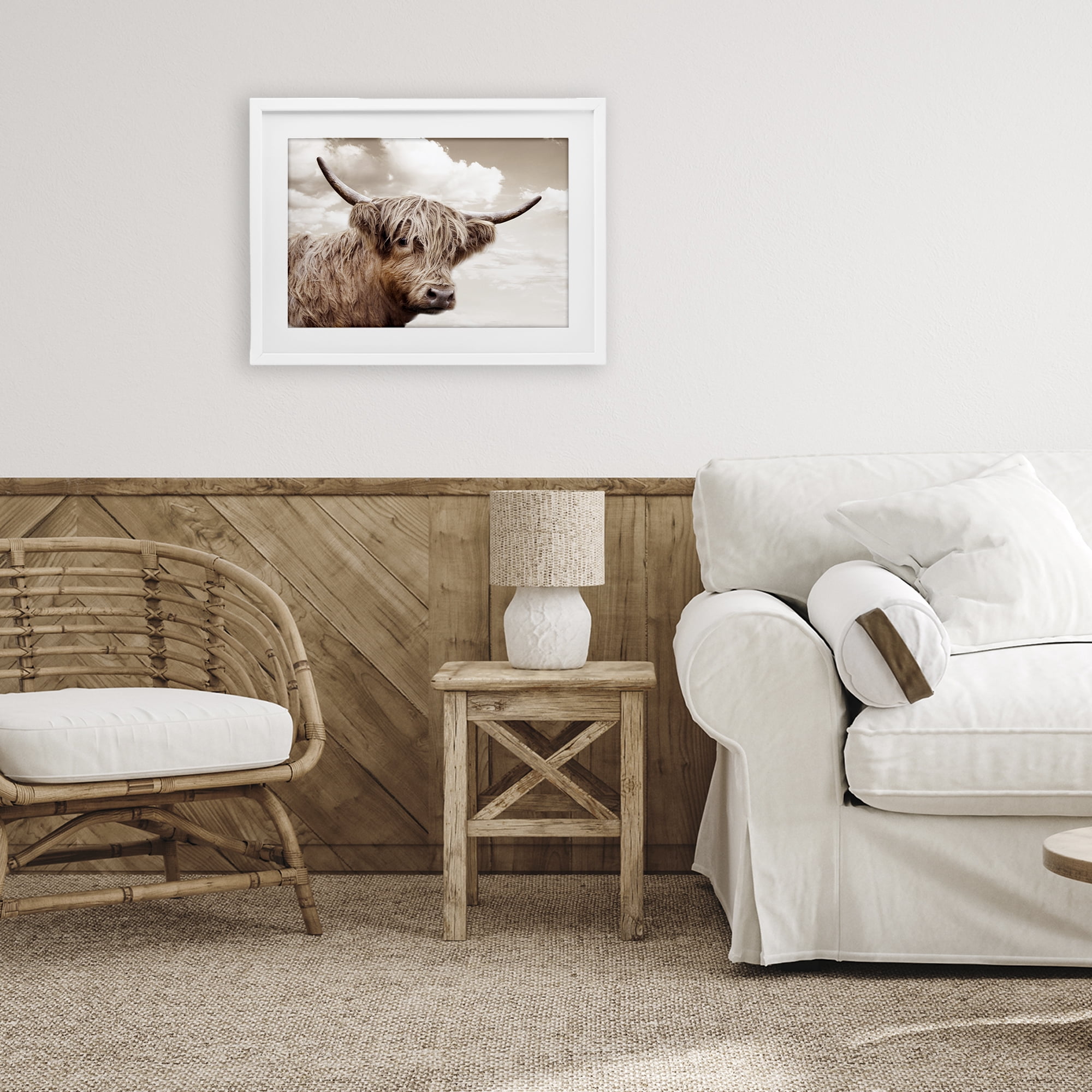 Stupell Industries Shaggy Highland Cow & Clouds White Framed Print Under Glass, design by CAD Designs