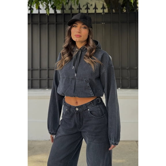 Cropped Black Denim Hoodie