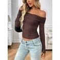 thumbnail image 6 of Womens Long Sleeve Off Shoulder Shirts Tight Fitted Y2K Ruched Tee Tops Blouses 2025 Trendy Outfits Coffee Color XL, 6 of 8