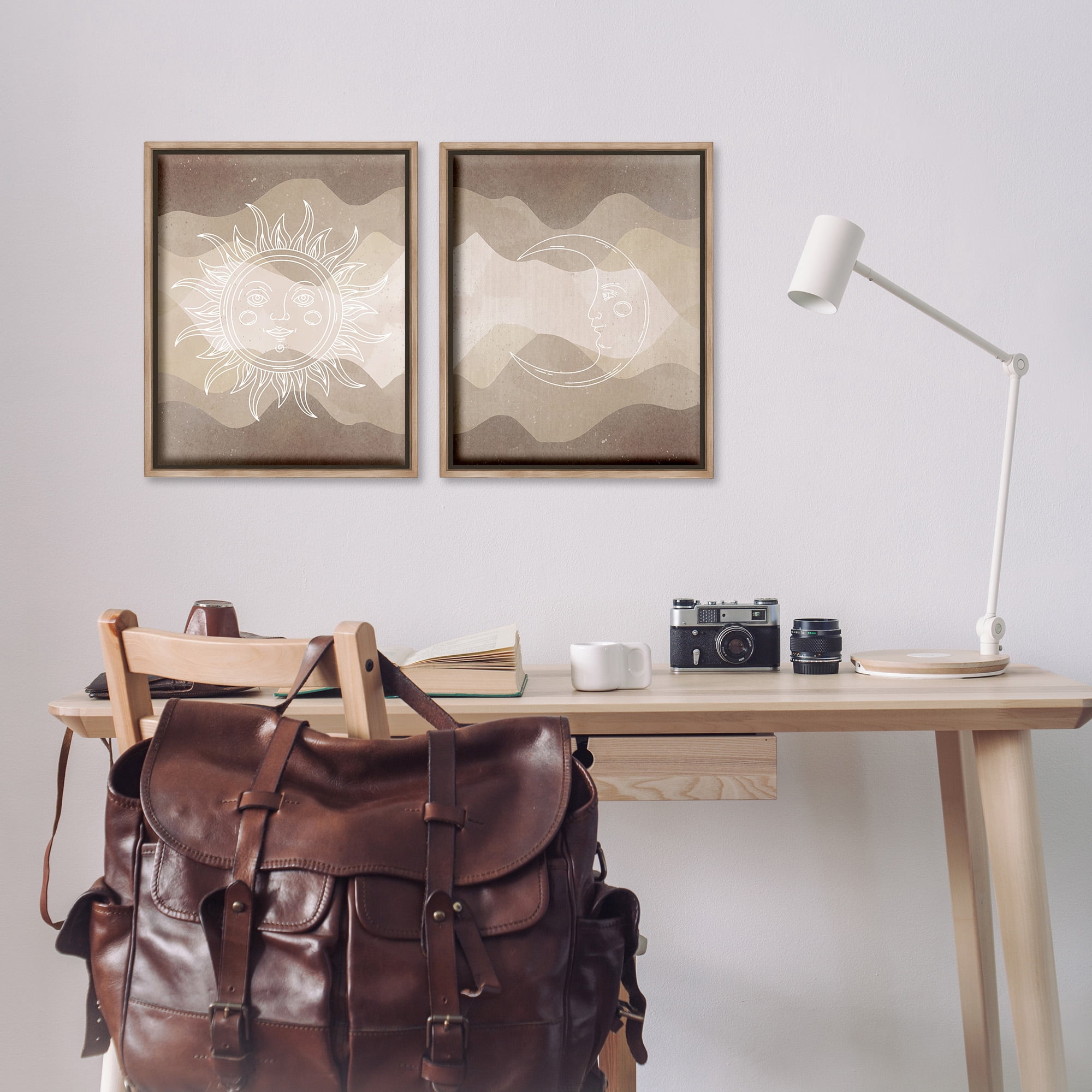 Stupell Industries Astral Boho Sun & Moon Landscape Painting Brown Floater Framed Canvas Art Print Wall Art, 17 x 21, Set of 2