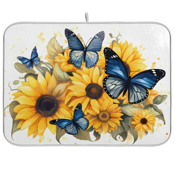 Butterflies Sunflowers Dish Drying Mat Dish Drainer Rack Mats Water Absorbent Non-Slip Easy Clean Heat Resistant for Kitchen Counter