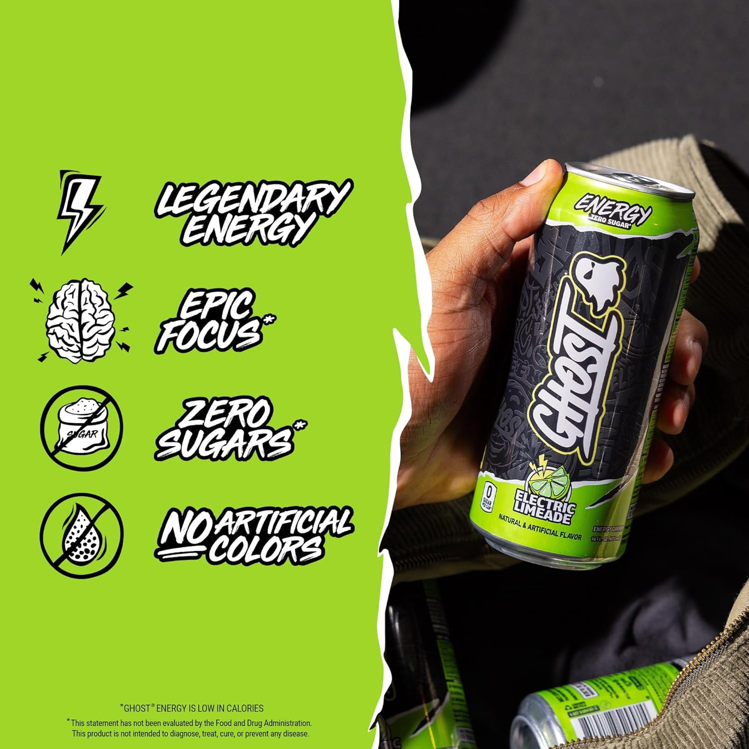 GHOST® ENERGY Zero Sugars Energy Drink, Electric Limeade, 200mg Natural Caffeine, 16 fl oz Can