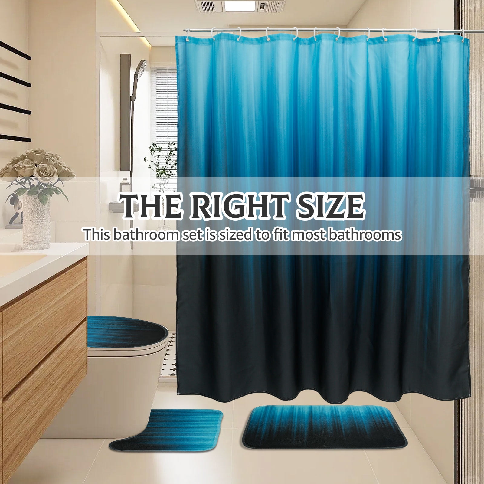 Dznils Black and Teal Ombre Shower Curtain Set with Rug, 16pc Modern Bathroom Decor Set, 72" x 72"