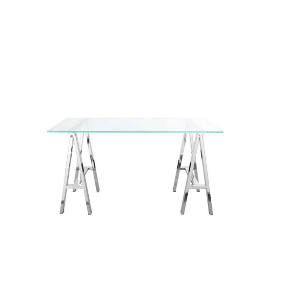 Benjara Rani 55" Office Desk- Tempered Glass Top- Modern Chrome Steel Frame