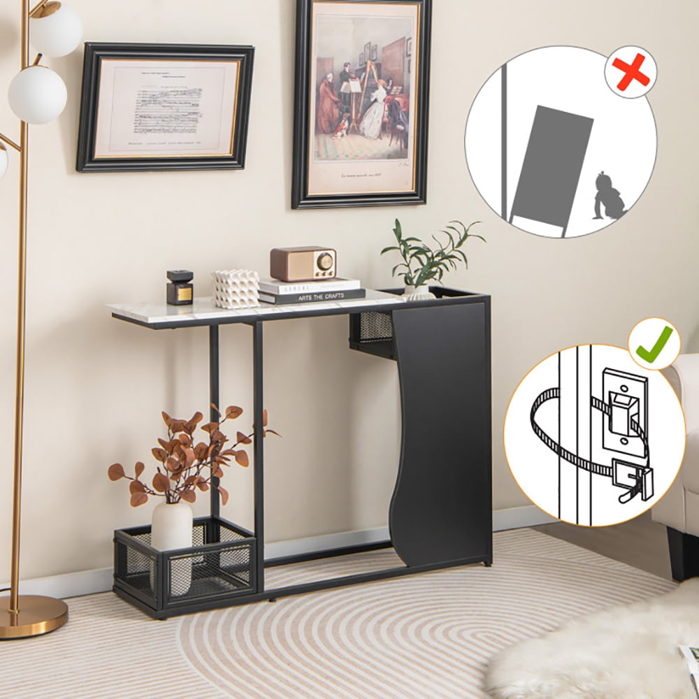 Spaco 43.5 Inch Console Table with Plant Position and Faux Marble Top-Black, Entryway Table Hallway Table, Storage-Friendly Hallway Table for Foyer & Entry Spaces