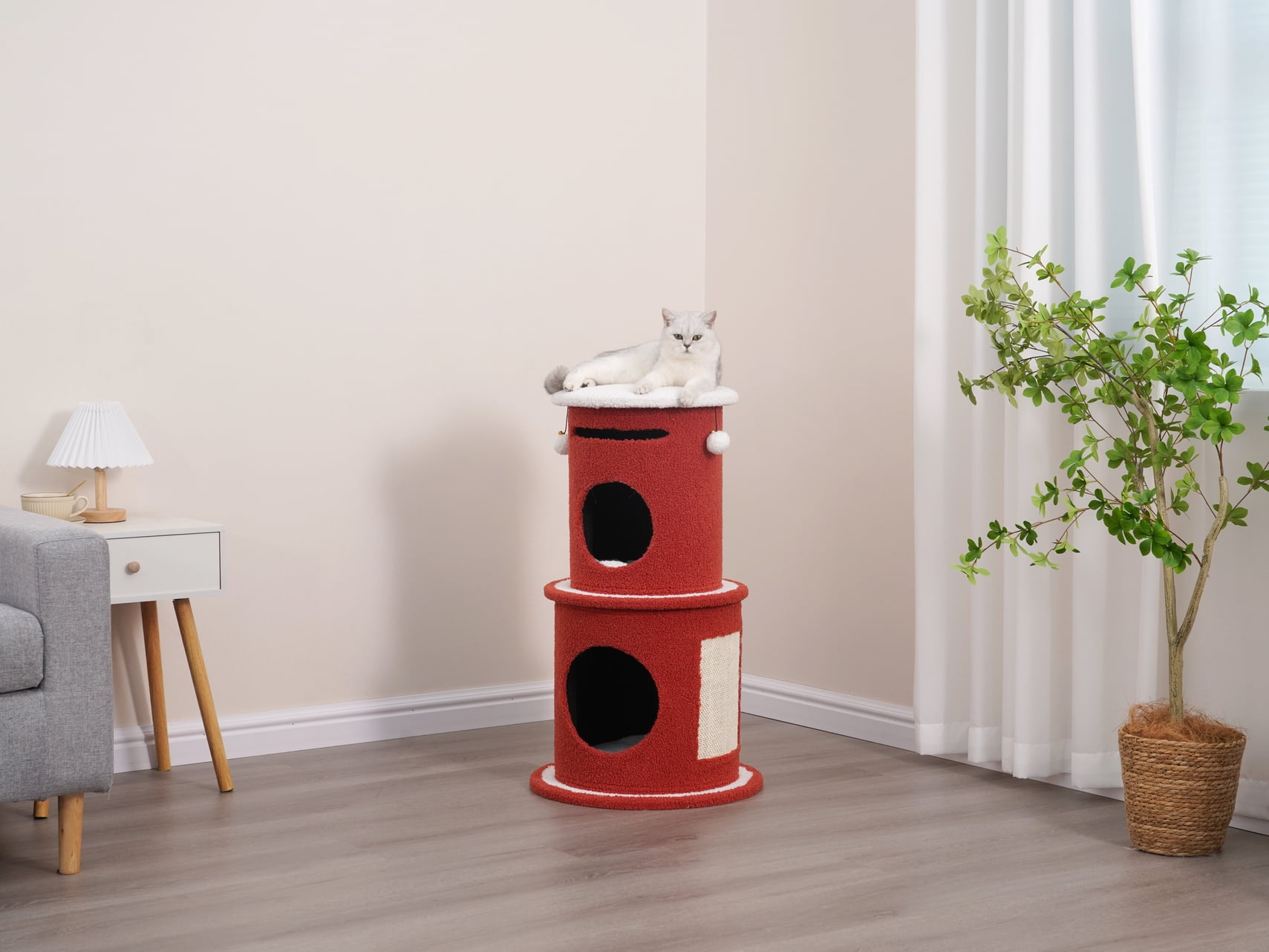 Vibrant Life 3-Level 32.3" High Dynamic Hideaway Cat Condo with Scratching Pad, Red