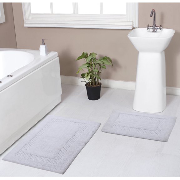 Home Weavers Classy Bathmat Collection 100% Cotton Non-Slip Bathroom Rug Set Machine Washable Bathroom Rug-17"x24", Bath Rug- 21"x34", White Color 2 Piece Bath Rug set
