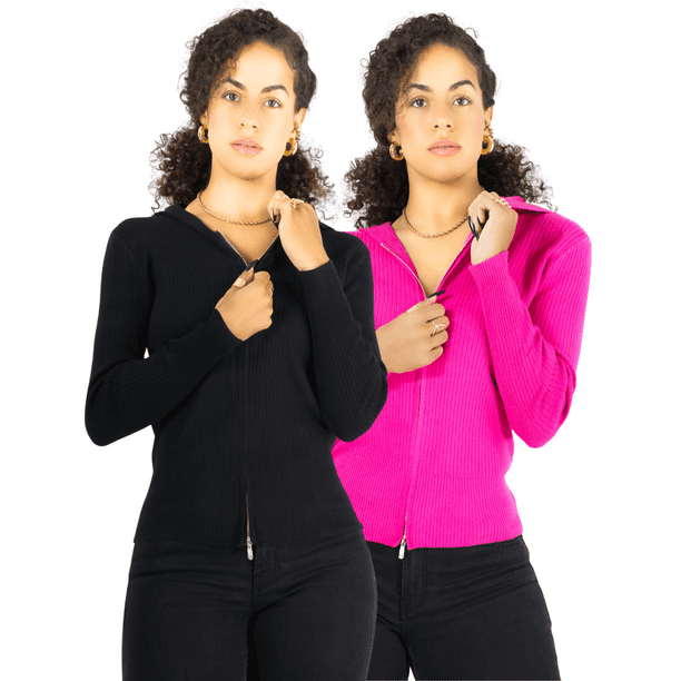 Set De Dos Suéteres Cárdigan De Manga Larga Cuello Cierre y Capucha Casual Mujer Sweater