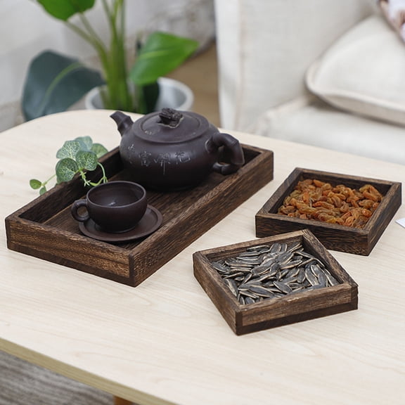 3PCS Wooden Service Tray with Handles,Wooden Tray Tea Tray,Fruit Bread Snack Tray,Serveware Kitchen Accessories Tray,Serve for Coffee Black Walnut Platter,Decorative Tray